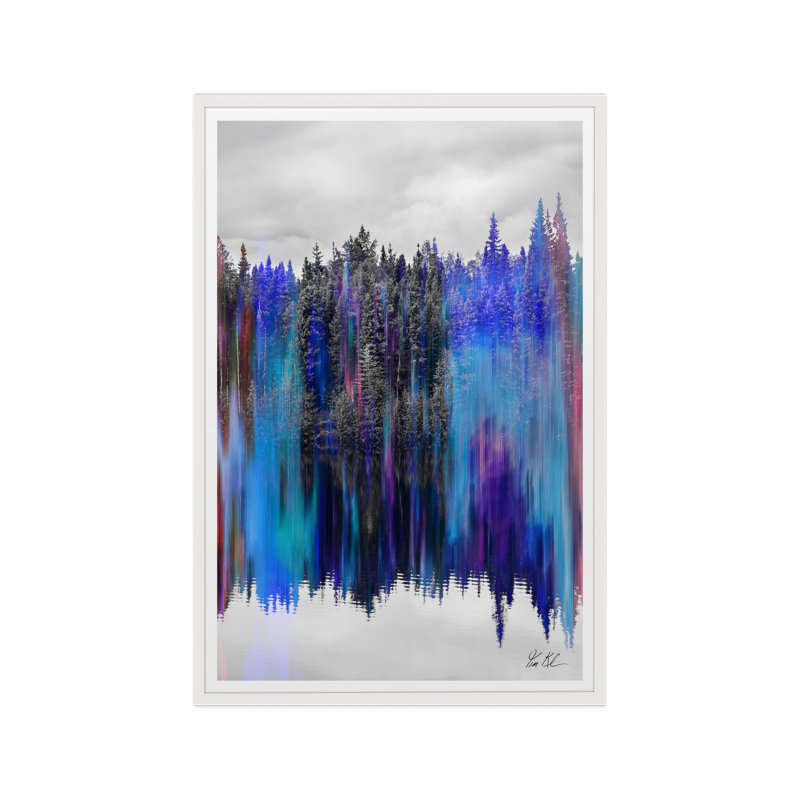 Paysage d'arbre réfléchissant en bleu, 52.75" H x 35.5" W x 1.5" D, Toile encadrée artisanale, Chêne