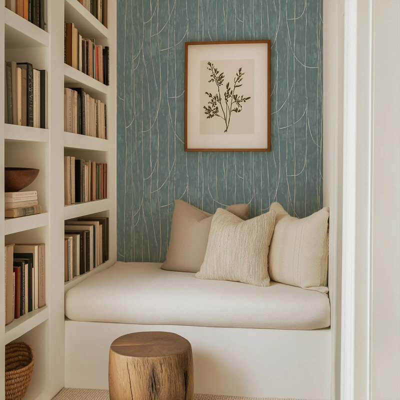 Lingering Lines - Wallpaper, Linen Blues, Faux Grasscloth, Non-Pasted