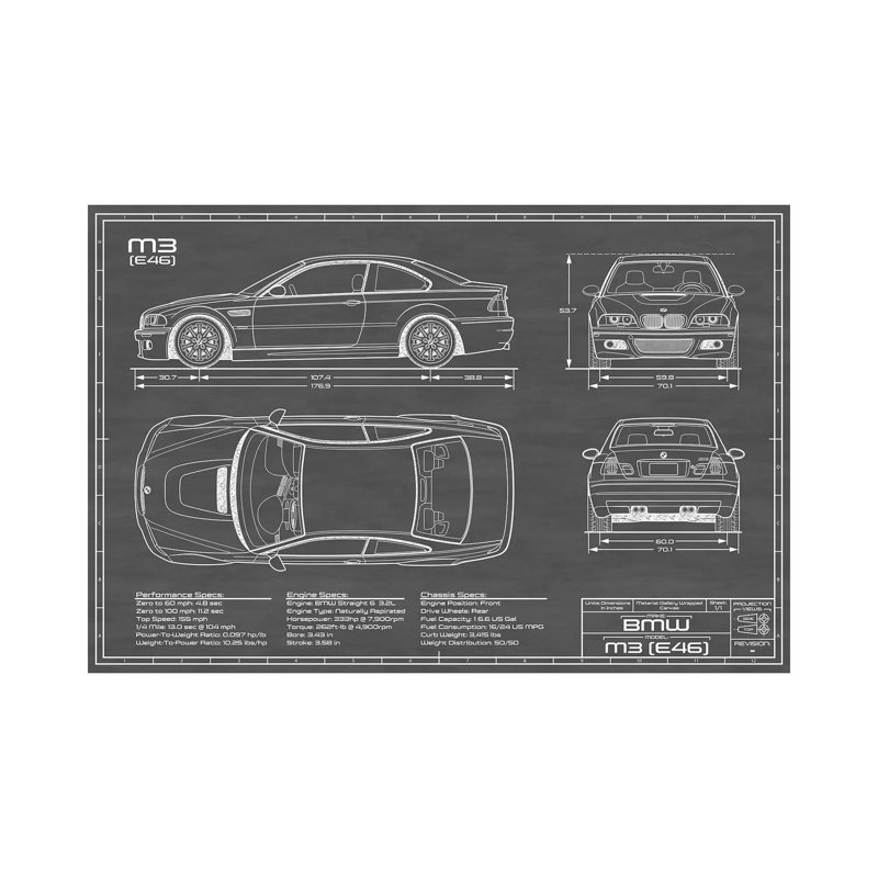BMW M2 (E46) by Action Blueprints - Wrapped Canvas Gallery-Wrapped Canvas Giclée, 20.32 cm H x 30.48 cm W, Black
