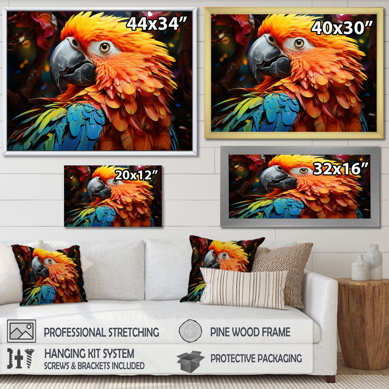 " Yellow Red Parrot Vibrant Plumage Geometric ", Silver Single Picture Framed, 24" H x 32" W x 1" D