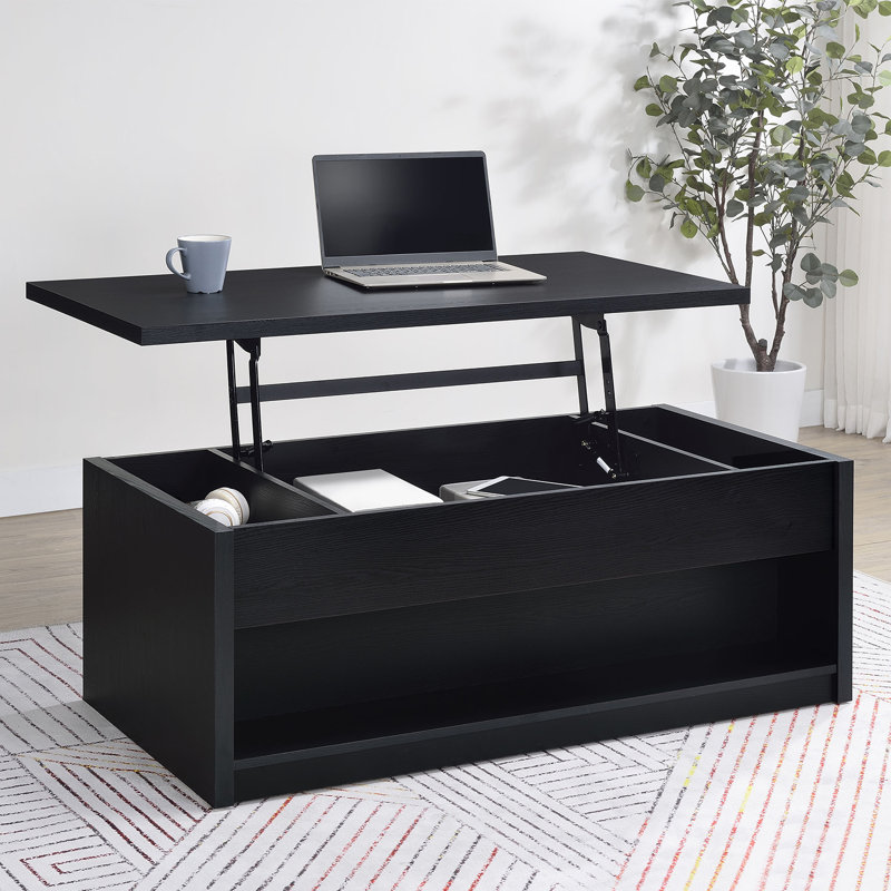 Lift Top Wooden Cocktail Coffee Table With 2 Drawers In Black