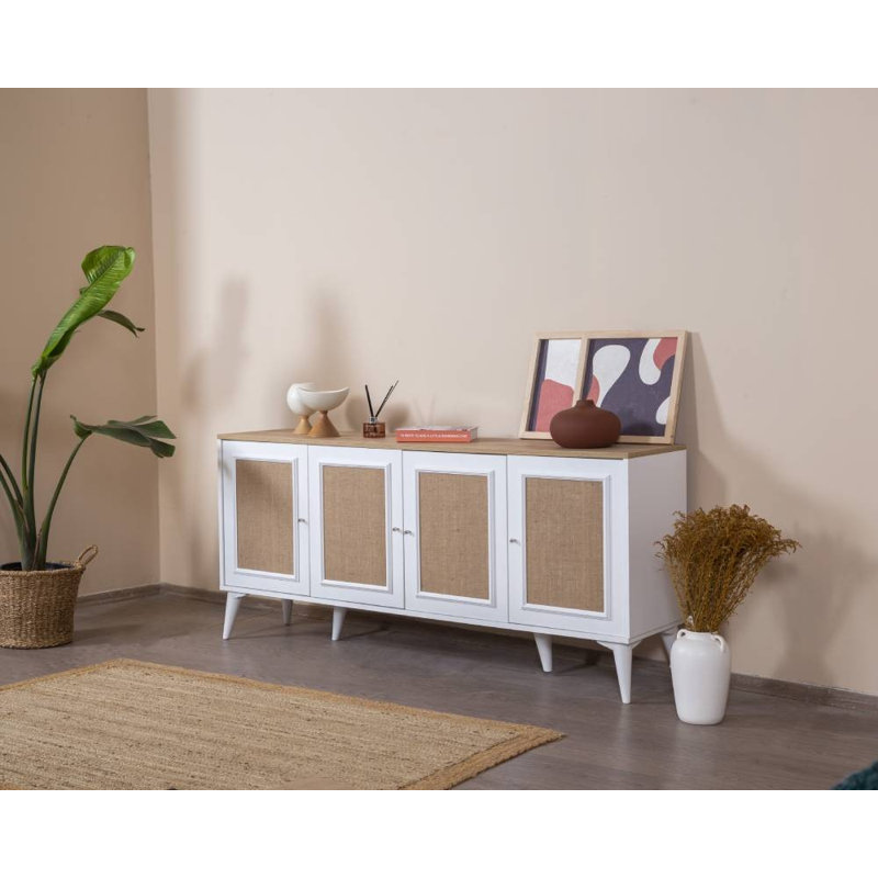Console moderne avec portes à fermeture douce, finition blanche et chêne, 70,9 x 31,5 x 16,1 pouces | Fabrication 100% bois aggloméré avec pieds de charme | Conception murale, plusieurs tablettes de rangement et de présentation, style scandinave
