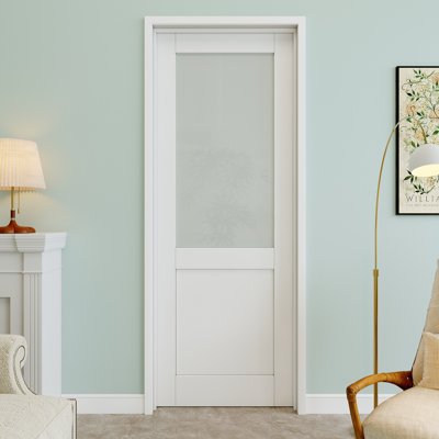 Porte pré-suspendue intérieure en verre givré 28 po x 80 po avec charnières argentées, dalle de porte d'intimité en verre à peindre et imperméable, combinaison pour la lessive, portes de placard, portes de chambre, main gauche
