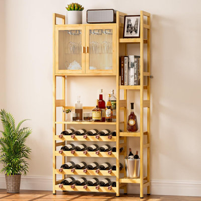 Wine Rack Freestanding Floor,Liquor Bottles Display Organizer With Doors Glass Holder,4 Tiers For Alcohol Accessories Storage And Side 4-Layer Shelves by Everly Quinn