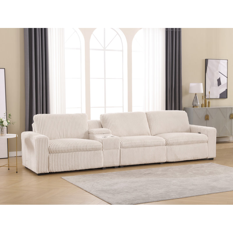 Arealious 136.6'' Modern Corduroy Power Reclining Sofa With Cupholder Wireless Charging Storage USB, Alabaster White Corduroy