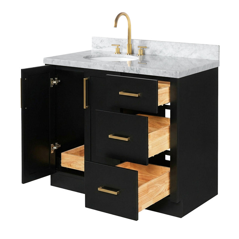 Meuble-lavabo ovale simple décalé à gauche de 43 pouces avec comptoir en marbre blanc de Carrare de 1,5 pouce d'épaisseur, finition noire.