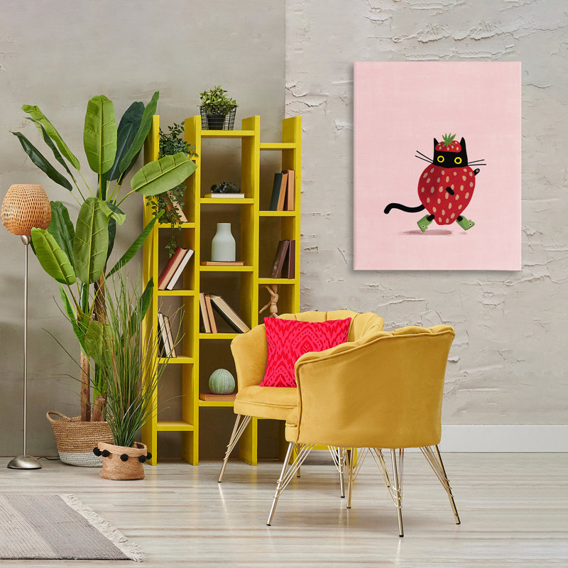 «Strawberry Cat on Pink», art mural par Leeza Hernandez, H 40 po x l 30 po