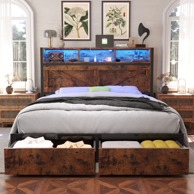 Farmhouse Bed Frame with LED Charged Bookcase Headboard and Storage Drawers, No Box Spring Needed