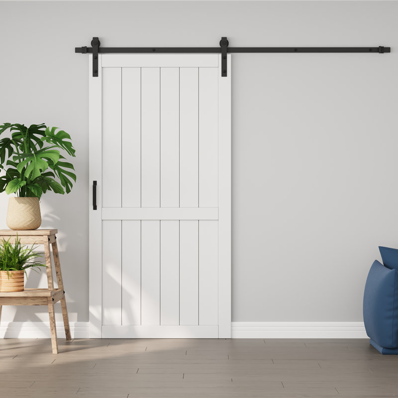 Porte de grange coulissante de 84 po en bois manufacturé massif apprêté à surface blanche avec portes de garde-robe intérieures à peindre avec trousse de quincaillerie (fermeture en douceur incluse)