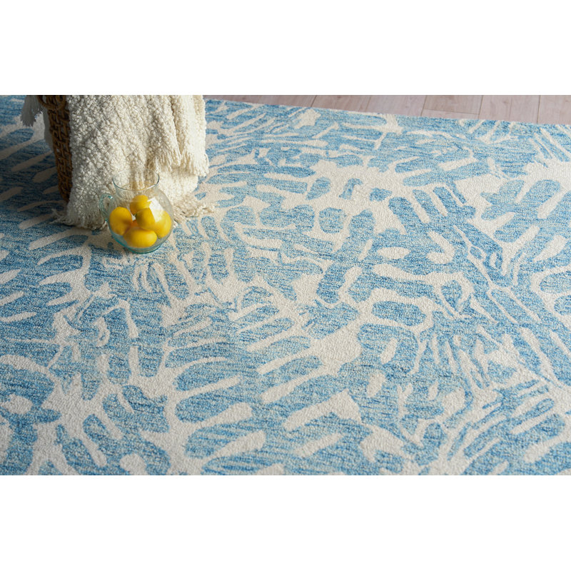 Botanica Blue/Ivory New Zealand Wool hand-tufted Area Rug, Rectangle 5' x 8', Light Blue/Ivory