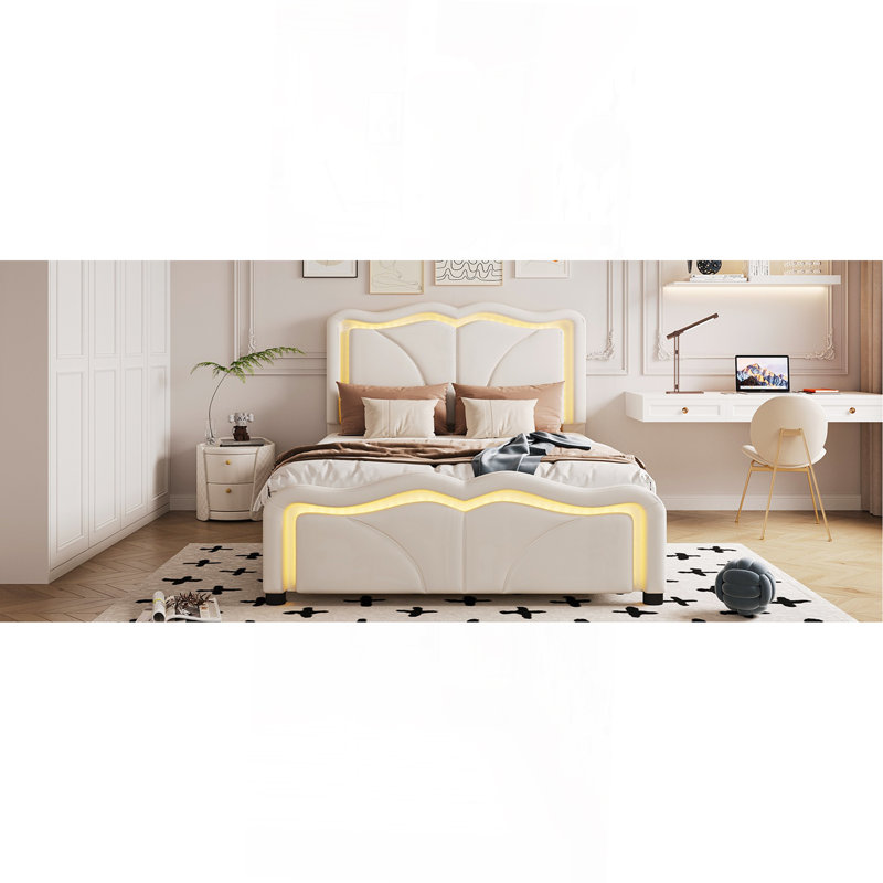 Lit plateforme simple tapissier avec tête de lit courbée et à hauteur ajustable, bandes lumineuses à DEL, blanc, Blanc