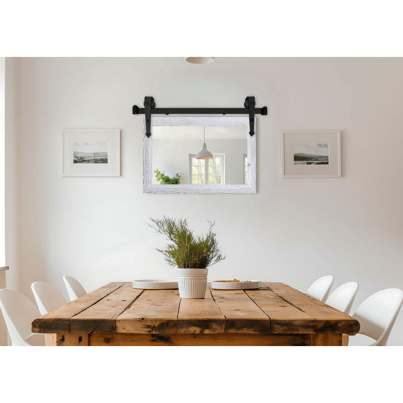 Miroir rustique moderne avec rail de porte de grange en acier, 16 x 33, Blanc patiné