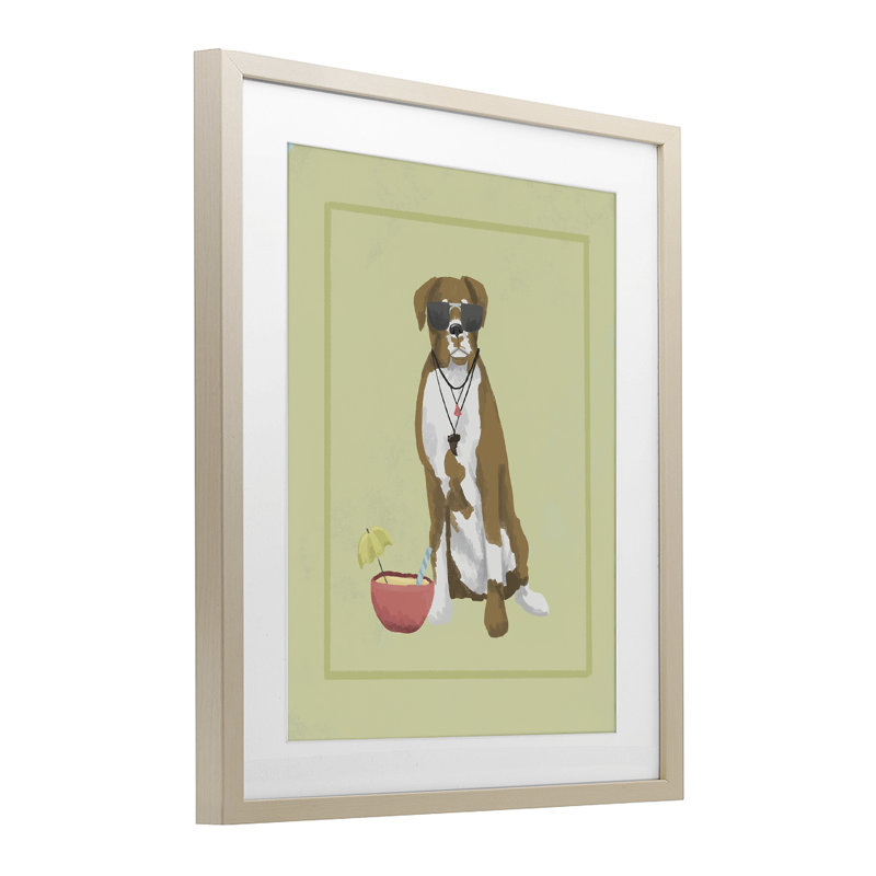 Boxer Beach Day, reproduction encadrée sous verre, conception de Sadie Harper, H 21 po x l 17 po, Cadre de récolte en pin