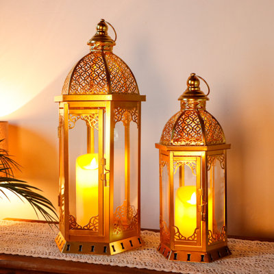 Set of 2 Outdoor Candle Lanterns 22"&17" H Decorative Vintage Metal 