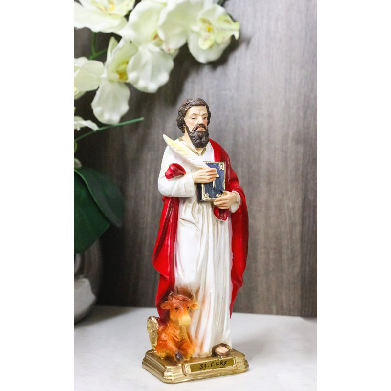 Figurine de 20 cm représentant saint Luc, apôtre et disciple de Jésus, avec un bœuf., 8" H x 3" W x 2" D
