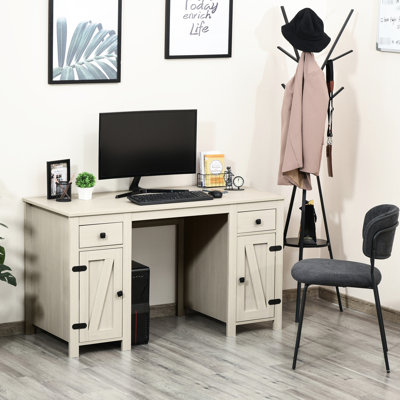Computer Desk, Creamy White. 2 Drawers And Cabinets For Organizing. Adjustable Shelf Custom Arrangement. Made Of Materials. Style With Metal Details. 52.25"l X 23.5"w 30"h. Max Load 132lbs. Assembly
