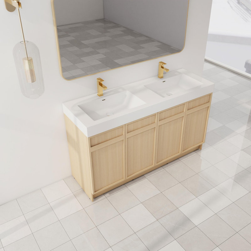 Meuble-lavabo autoportant à fermeture en douceur avec lavabo en résine blanche