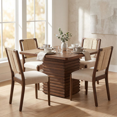 Ensemble de salle à manger moderne scandinave pour 4 personnes avec table cannelée et dossier tissé Liora