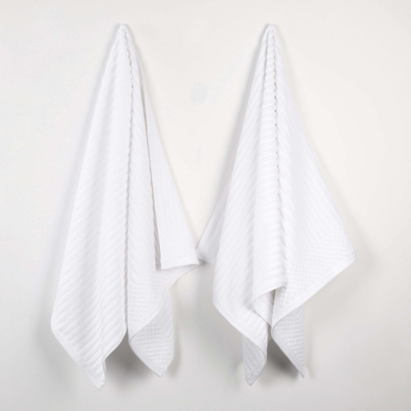 Ruvins Cotton Highly Absorbent Solid and Checkered Border Bath Sheet Set, White