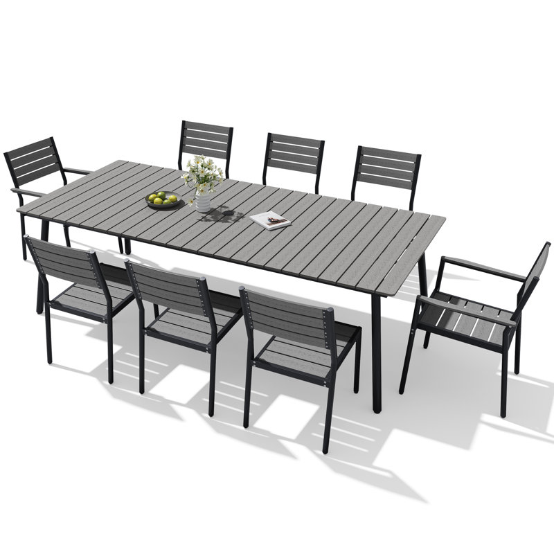  Georgean 8 - Person 94.5'' L  Aluminum Patio Dining Set with Stackable Chairs and Umbrella Hole, Gray