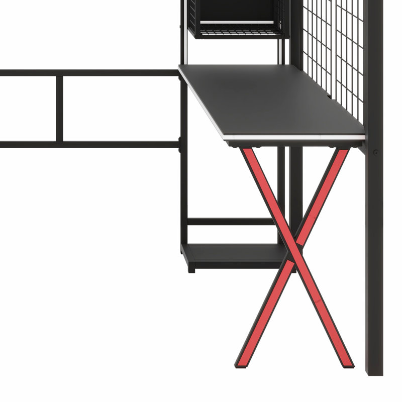 Lit mezzanine en métal tout-en-un avec bureau intégré, garde-robe et éclairage DEL, Noir, Lit double