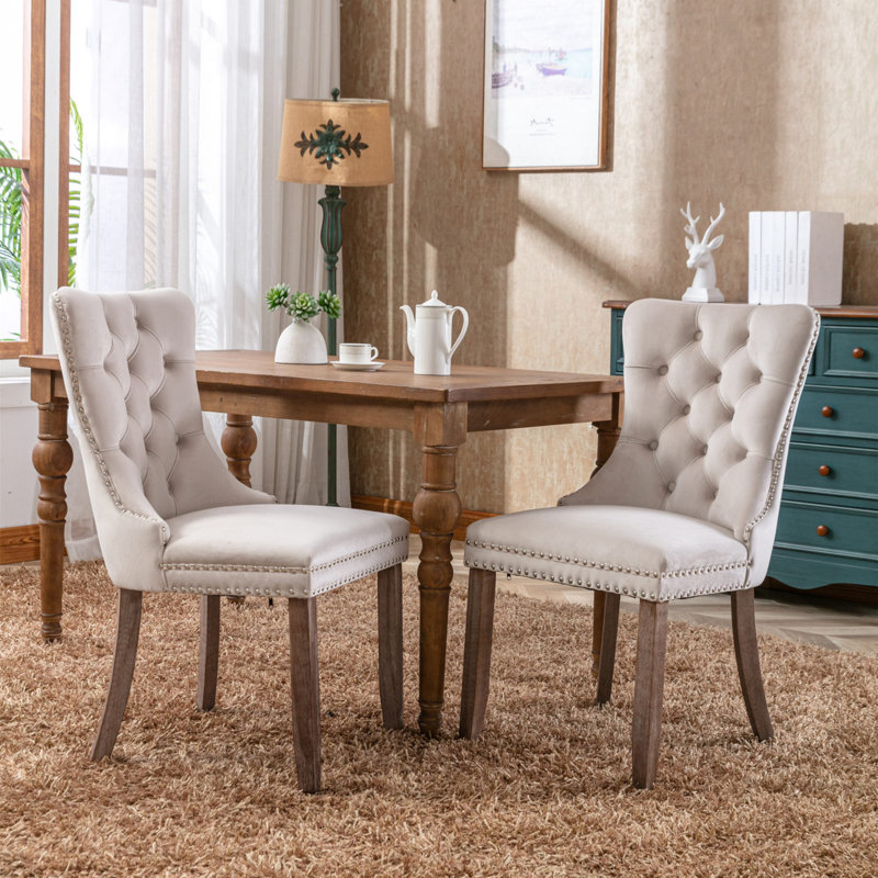 Jermell Tufted Velvet Dining Chairs, Beige Velvet, Khaki, 2