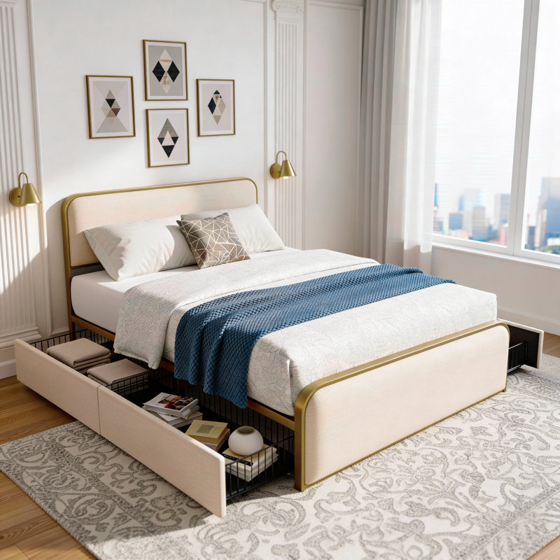 Upholstered Bed with Storage, Queen, Beige/Gold, Storage Included