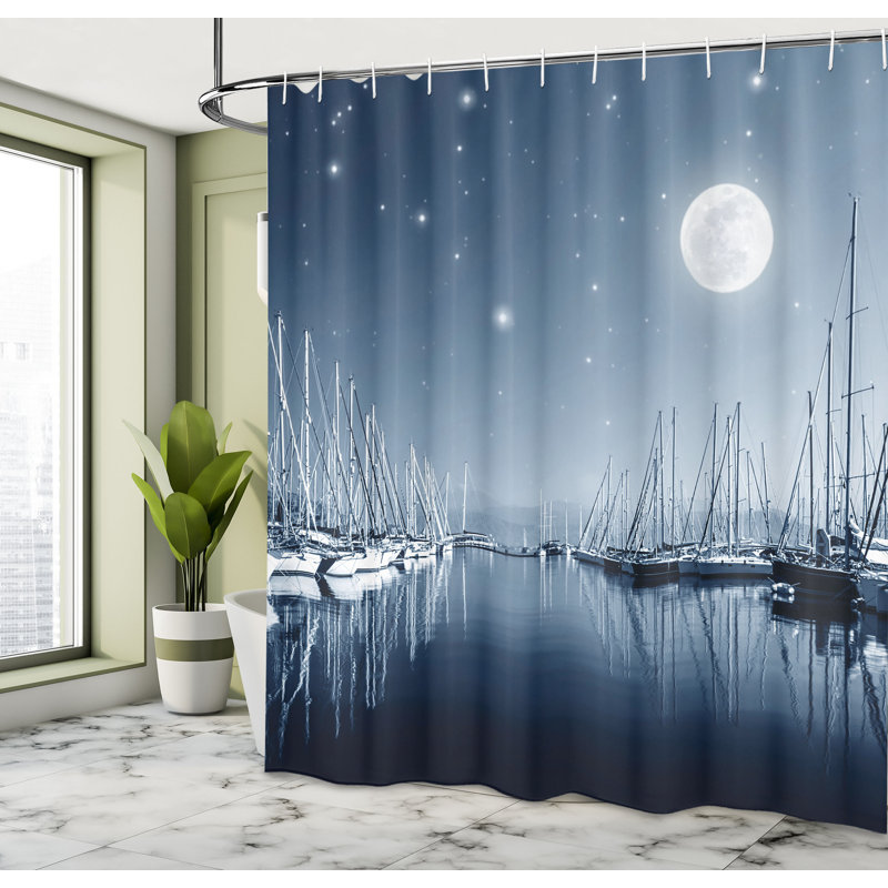 Slate Blue and White Marina Night Scene Fabric Shower Curtain