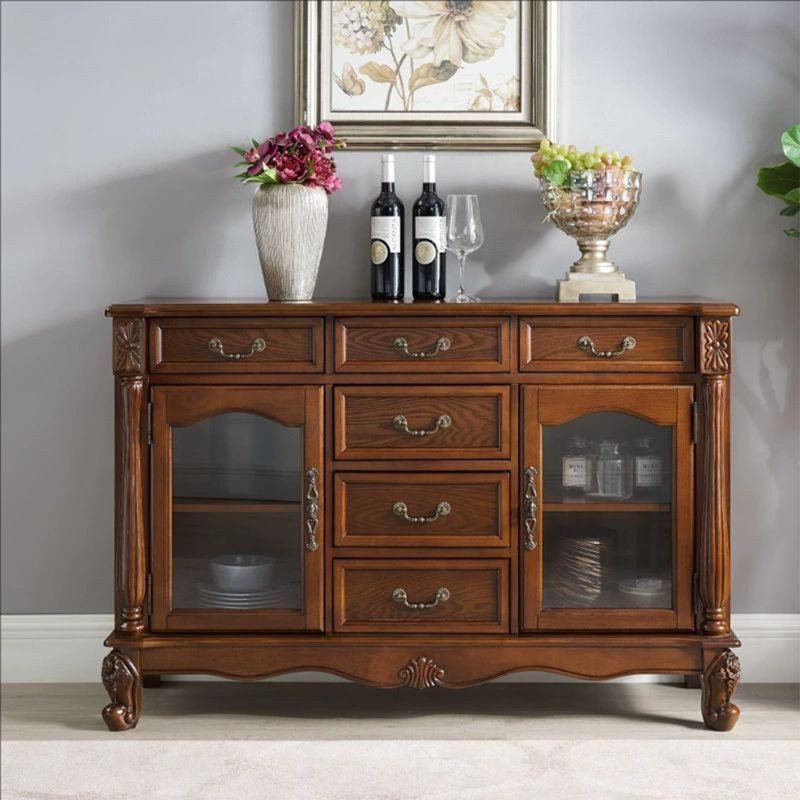 Buffet brun en bois massif et verre, H 33,86 po x l 43,31 po x P 15,35 po