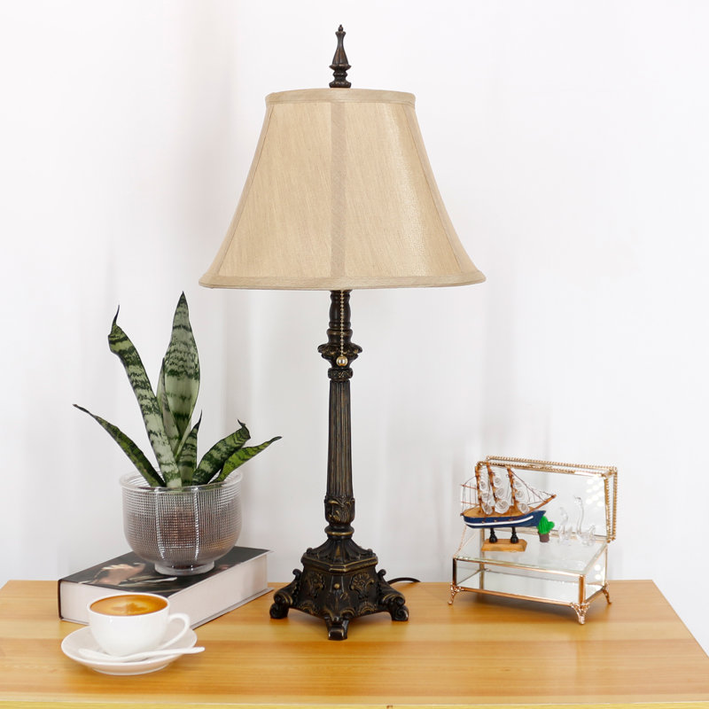 Antique Resin Farmhouse Table Lamp, Faux Silk, Light Pink