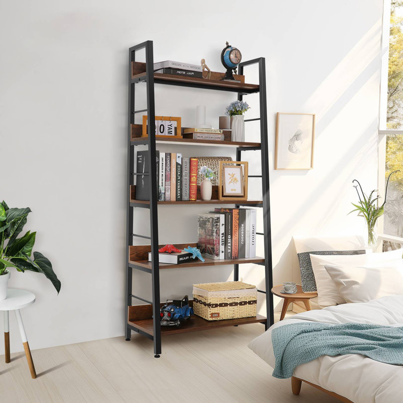 Hasnath Ladder Bookcase, Black/Brown, (5 Shelves) 59” H x 28” W x 14” D