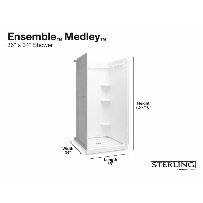 Cabine de douche rectangulaire sans cadre Medley l 35,25 po x P 34 po x H 75,5 po, Blanc