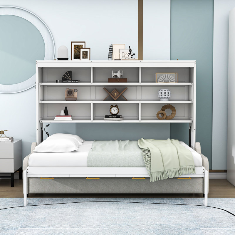 Lit escamotable avec canapé confortable intégré, éclairage DEL et tablettes Murphy, Double