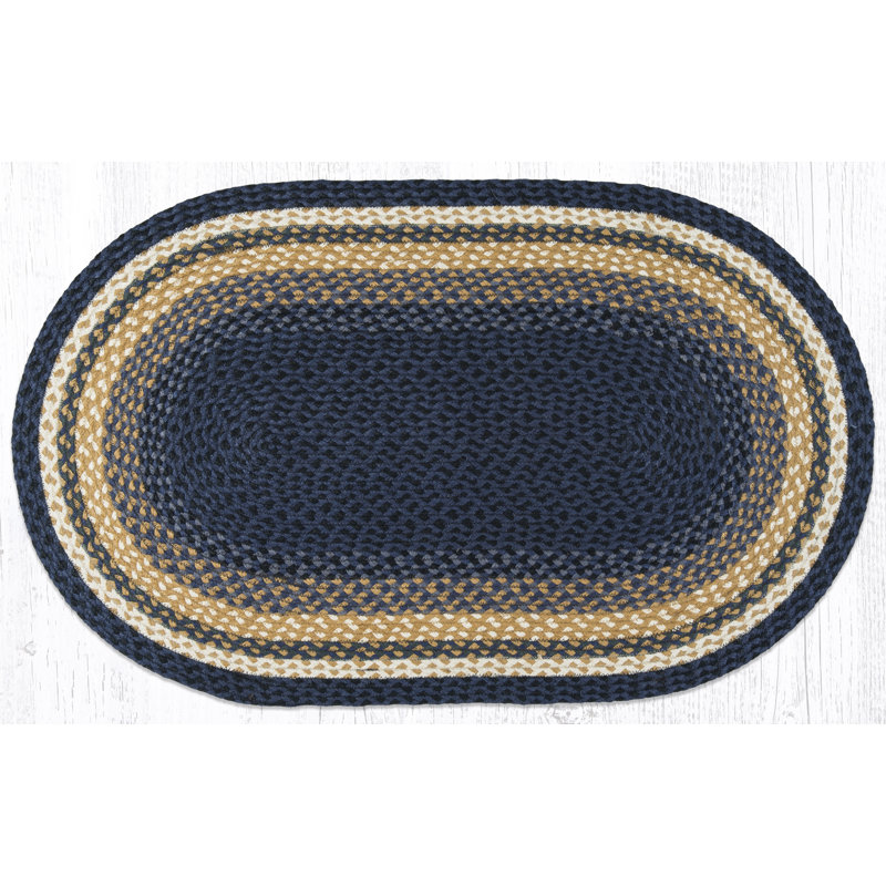  Light Blue, Dark Blue & Mustard Oval Braided Rug – Handcrafted Quality, Oval 2'3" x 3'9"