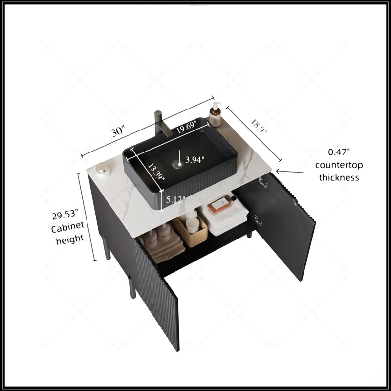 Meuble-lavabo de 30 pouces avec lavabo, armoire de rangement autoportante, lavabo en céramique blanche et comptoir blanc Carrara