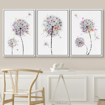 Dandelion " IDEA4WALL Framed Canvas Print Wall Art Dandelions & Watercolor Dots Floral Wilderness Drawings Modern Art Rustic Closeup Multicolor Ultra for Living Room, Bedroom, Office " 3 Piece Art Graphic Art Print