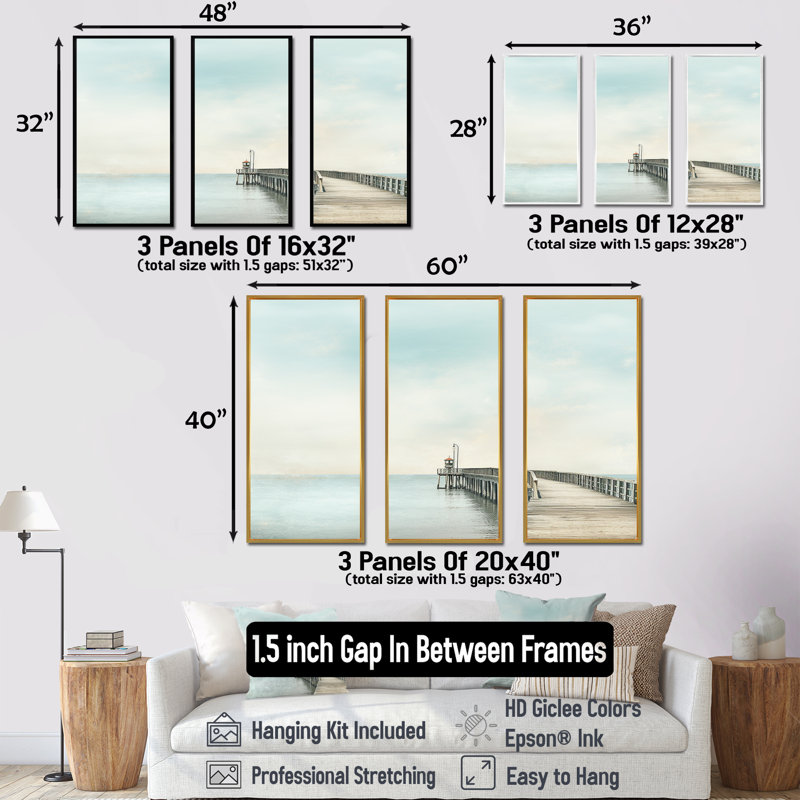 Ensemble d'art mural Radcliff - Coastal Pier, H 28 po x l 36 po x P 1 po, Cadre flottant blanc