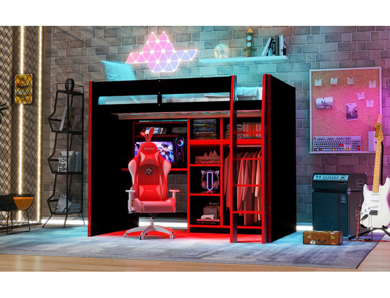Lit mezzanine double en bois avec bureau, garde-robe ouverte, compartiments de rangement et lumières RVB, rouge, Rouge / Noir