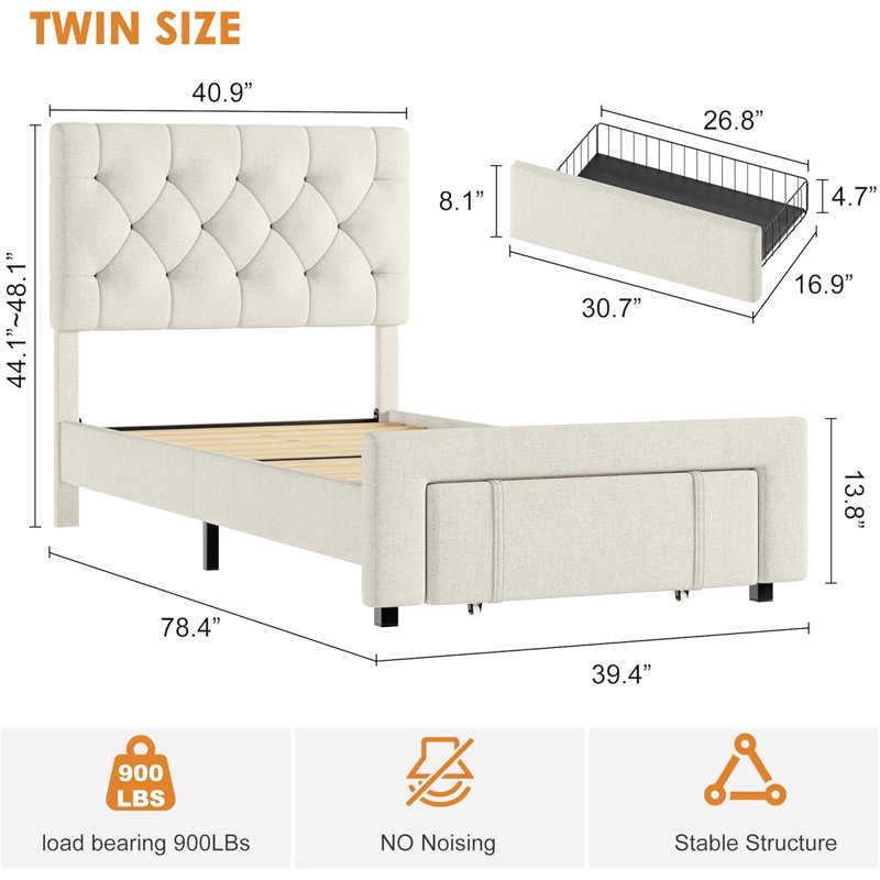 Structure de lit simple avec plateforme rembourrée, tiroirs de rangement, support à lattes en bois, silencieux, aucun sommier requis, assemblage facile, beige