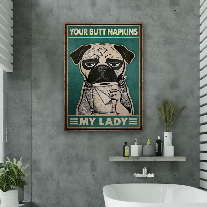 «Cool Pug Dog» - «Your Napkins, My Lady Gallery», toile tendue - décor d'illustrations animales pour salle de bain et buanderie, noir et beige