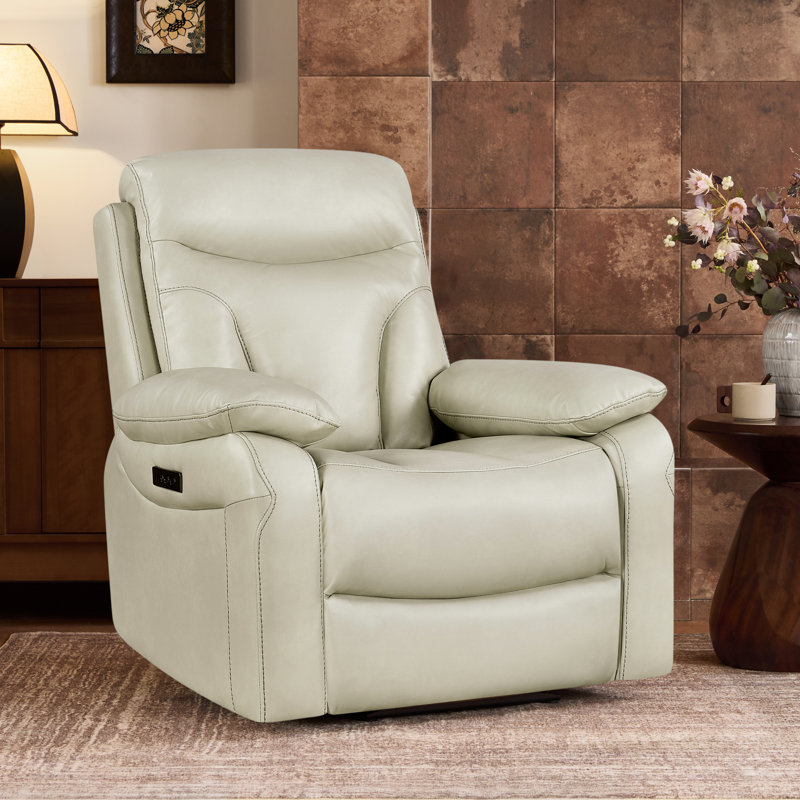 35.8" W Vegan Leather zero clearence recliner Dual Motor Power Recliner With Power Headrest, Creamy Gray