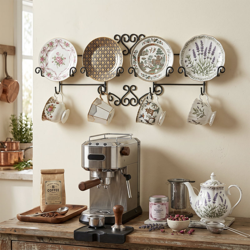 Vintage Wall Mounted Plate Rack, Black Metal Tea Cup and Mug Display Shelf with Hanging Hooks