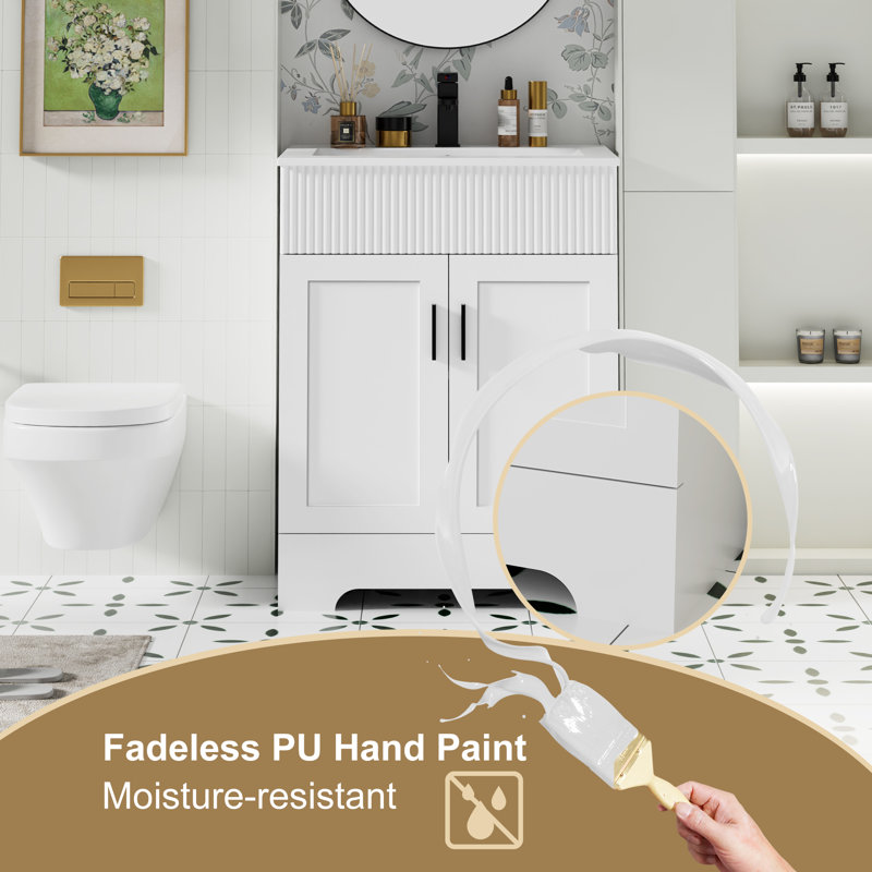Breonica 24" Mid Century Modern Single Bathroom Vanity with Ceramic Sink Top, Zinc Alloy Faucet, Painted Surface, White