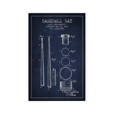 Baseball Bat Navy Blue Patent Blueprint 1 Piece Wall Art on Canvas