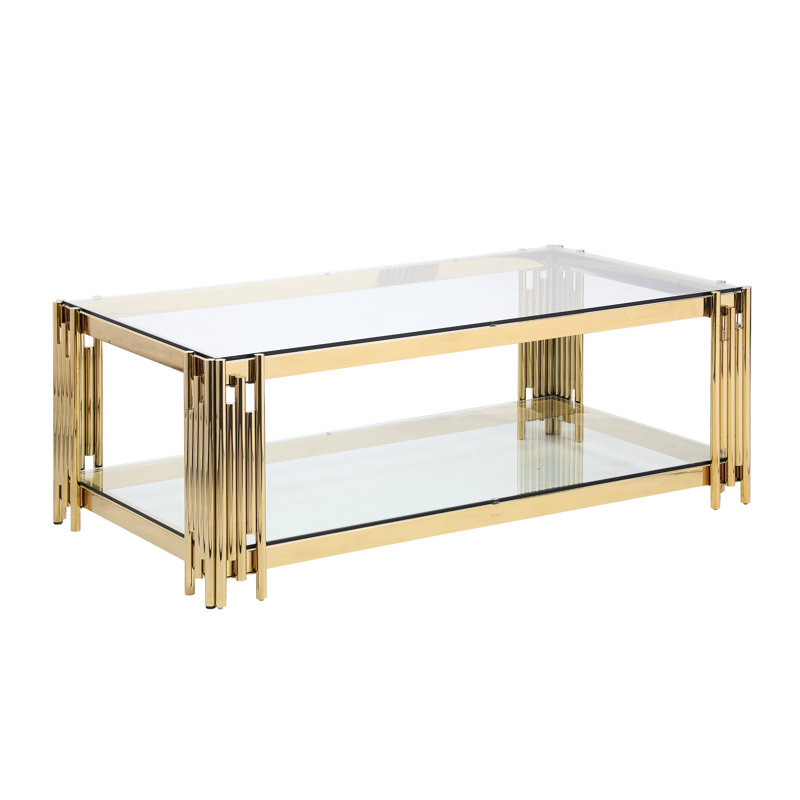 Table basse de 48 po pour la maison, acier inoxydable doré et verre, style salon rectangulaire avec plateau en verre, Clair