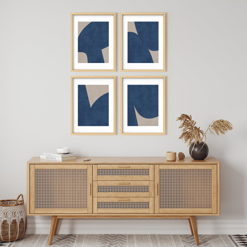 Art mural encadré, ensemble de reproduction de galerie, illustrations de formes abstraites de style Mid-Century bleu, art moderne minimaliste Boho Relax / Calm pour le salon, la chambre à coucher, le bureau