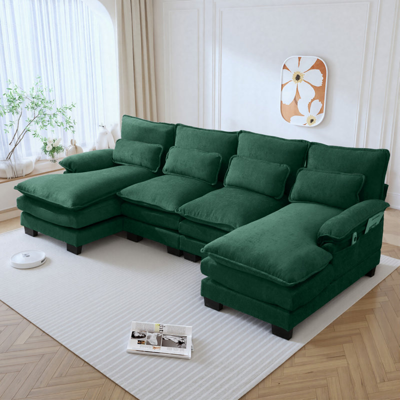 Chenille Sectional Sofa with Double Chaises, Emerald Chenille