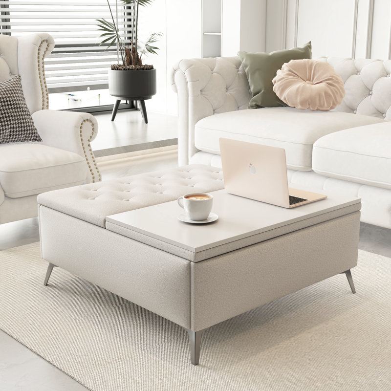 Table basse avec banc de rangement carré de 35 pouces de large avec repose-pieds de rangement surdimensionné, Beige