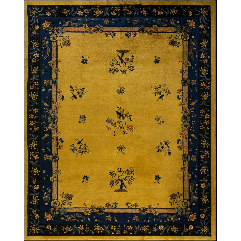 Antique Art Deco Room Size Wool Blue Navy, Yellow Rug