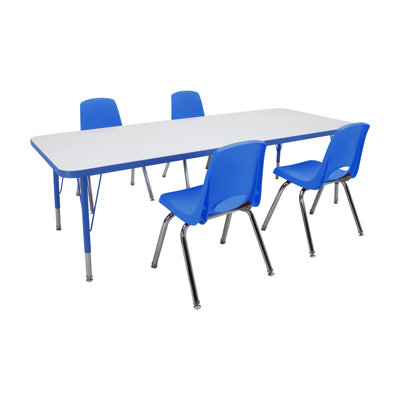 30" x 72" Rectangle Dry-Erase Activity Table with Standard Legs and 14" Stack Chairs with Swivel Glides, 5-Piece Set - Whiteboard/Blue